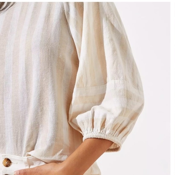 Loft puff balloon sleeve top shirt linen cream tan stripe XS - Picture 8 of 9
